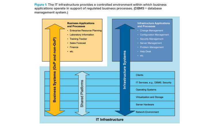 Figure 1: The IT infrastructure provides a controlled environment within which business applications operate in support of regulated business processes. (DBMS = database management system.)