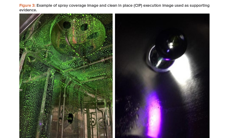 Figure 3: Example of spray coverage image and clean in place (CIP) execution image used as supporting evidence.