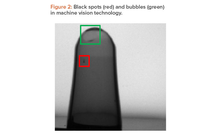 Figure 2: Black spots (red) and bubbles (green) in machine vision technology.