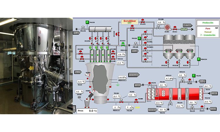 Figure 1: Fluid bed dryer and its supervisory control and data acquisition panel.