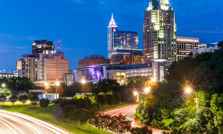 Raleigh skyline at night.