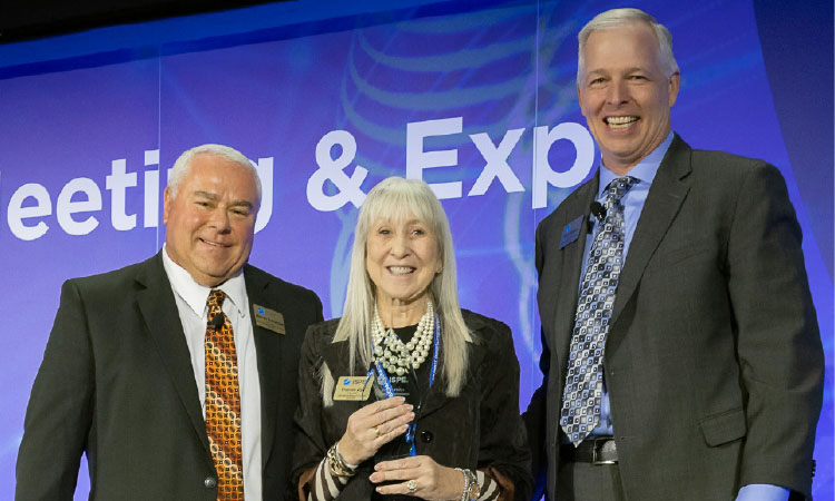 From left to right, ISPE Board of Directors Immediate Past Chair Michael L. Rutherford, Frances Zipp, and current ISPE Board Chair Scott W. Billman.